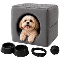 Kit Cama 3em1 Suede Pet Pequeno com Comedouro Coleira Bolinha Fofos