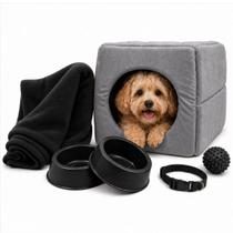Kit Cama 3em1 Suede Pet Pequeno Mantinha Comedouro Coleira Bolinha