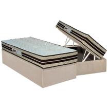 Kit Cama Box Baú Solteiro Confort New Euro Pillow Espuma D65 Suede Bege Colchão Paropas