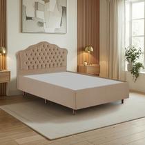 Kit Cama Box Casal + Cabeceira Estofada em Madeira Maciça Curva Provençal com Capitonê Bridgerton Bege/Veludo