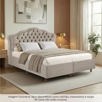 Kit Cama Box King + Cabeceira Estofada em Madeira Maciça Curva Provençal com Capitonê Bridgerton Bege/Linho