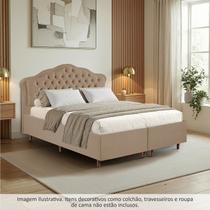 Kit Cama Box Queen + Cabeceira Estofada em Madeira Maciça Curva Provençal com Capitonê Bridgerton Bege/Dourado Kit Cama Box Queen + Cabeceira Estofada em Madeira Maciça Curva Provençal com Capitonê Bridgerton Bege/Dourado