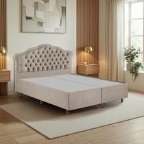 Kit Cama Box Queen + Cabeceira Estofada em Madeira Maciça Curva Provençal com Capitonê Bridgerton Bege Linho Kit Cama Box Queen + Cabeceira Estofada em Madeira Maciça Curva Provençal com Capitonê Bridgerton Bege Linho