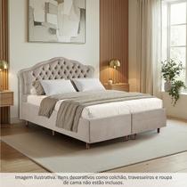 Kit Cama Box Queen + Cabeceira Estofada em Madeira Maciça Curva Provençal com Capitonê Bridgerton Bege Linho
