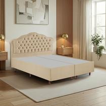 Kit Cama Box Queen + Cabeceira Estofada em Madeira Maciça Curva Provençal com Capitonê Bridgerton Bege/Veludo Kit Cama Box Queen + Cabeceira Estofada em Madeira Maciça Curva Provençal com Capitonê Bridgerton Bege/Veludo