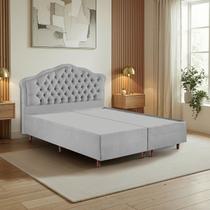 Kit Cama Box Queen + Cabeceira Estofada em Madeira Maciça Curva Provençal com Capitonê Bridgerton Cinza/Linho