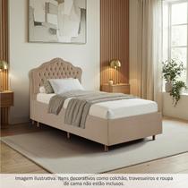 Kit Cama Box Solteiro + Cabeceira Estofada em Madeira Maciça Curva Provençal com Capitonê Bridgerton Bege/Dourado