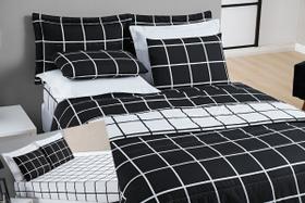 Kit Cama Casal Padrão 6 Peças Cobre Leito + Lençol 200 Fios Xadrez Preto