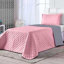 Kit Cama Colcha Cobre Leito Dual Color Rosa/Cinza Solteiro 02 Peças - Dupla Face