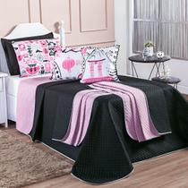 Kit Cama Colcha Cobre Leito Oriental Preto Dupla Face c/ Almofadas Solteiro 05 Peças