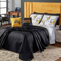 Kit Cama Colcha Infantil CASAL PADRÃO 7 Peças Cobre Leito Game Streamer Preto Dupla Face com Almofadas Estampadas Gamer