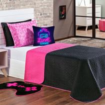 Kit Cama Colcha Infantil Cobre Leito Game Girl Dupla Face com Almofada Casal Queen 06 Peças Gamer Menina Juvenil