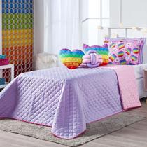 Kit Cama Colcha Infantil SOLTEIRO 6 Peças Cobre Leito Pop It Lilás Dupla Face com Almofadas Formato Estampadas