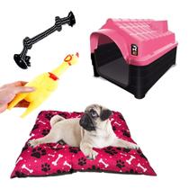 Kit Cama Colchonete Rosa Pet P + Casa N2 Rosa + Brinquedos