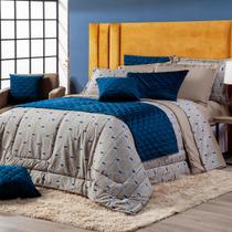 Kit Cama Edredom Cobertor KING 03 Peças Estampado Veneza Bege/Azul Dupla Face Percal Algodão 200 Fios