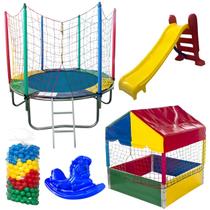 Kit Cama Elástica 1,83m Piscina de Bolinhas 1,00m 500 Bolinhas Escorregador Médio Gangorra 1 Lugar