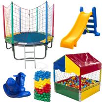 Kit Cama Elástica 1,83m Piscina de Bolinhas 1,00m com 500 Bolinhas Escorregador Médio Gangorra 1 Lugar