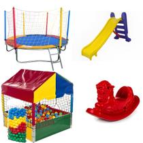Kit Cama Elástica 2,30m Piscina de Bolinhas 1,00m 500 Bolinhas Escorregador Médio Gangorra 1 Lugar