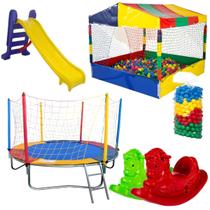 Kit Cama Elástica 2,30m Piscina de Bolinhas 1,50m 500 Bolinhas Escorregador Médio 2 Gangorra 1 Lugar