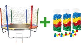 Kit cama elástica 2,30m premiun colorida + sacos de bolinhas coloridas c/ 250 unidades