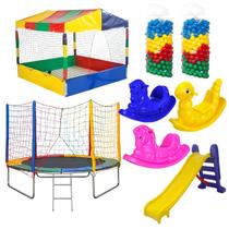 Kit Cama Elástica 2,44m Piscina de Bolinhas 1,50m 2 Pacotes de Bolinha Escorregador Médio 3 Gangorras 1 Lugar Kit Cama Elástica 2,44m Piscina de Bolinhas 1,50m 2 Pacotes de Bolinha Escorregador Médio 3 Gangorras 1 Lugar