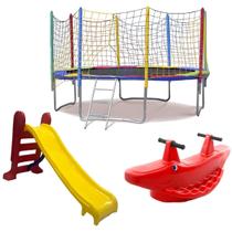 kit Cama Elástica 3,05m Escorregador Médio Gangorra 2 Lugares