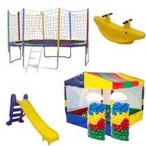 Kit Cama Elástica 3,05m Piscina de Bolinhas 1,50m 1.000 Bolinhas Escorrega Médio Gangorra 2 Lugar