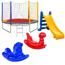 Kit Cama Elástica Pula Pula 2,44m Escorregador Médio Colorido 2 Gangorras 1 Lugar