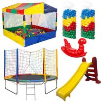 Kit Cama Elástica Pula Pula 2,44m Piscina de Bolinhas 1,50m 1000 Bolinhas Escorregador Médio Gangorra 1 Lugar
