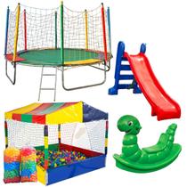 Kit Cama Elástica Pula Pula 3,05m Piscina de Bolinhas 1,50m 1000 Bolinhas Escorregador Médio Gangorra 1 Lugar