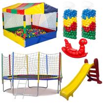 Kit Cama Elástica Pula Pula 3,05m Piscina de Bolinhas 1,50m 1000 Bolinhas Escorregador Médio Gangorra 1 Lugar