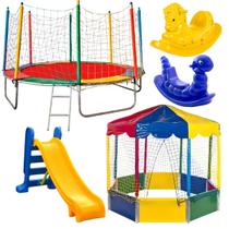 Kit Cama Elástica Pula Pula 3,05m Piscina de Bolinhas Oitavada 2,00m Escorregador Médio 2 Gangorras 1 Lugar