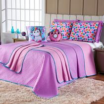 Kit Cama Infantil Colcha Cobre Leito CASAL PADRÃO 07 Peças Donuts Unicórnio Lilás Dupla Face com Almofadas Estampadas