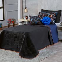 Kit Cama Infantil Colcha Cobre Leito Game Win Preto/Marinho Dupla Face c/ Almofadas Casal Padrão 07 Peças