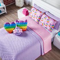 Kit Cama Infantil Colcha Cobre Leito Pop It Lilás Dupla Face c/ Almofadas Casal Padrão 08 Peças