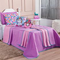 Kit Cama Infantil Colcha Cobre Leito SOLTEIRO 5 Peças Donuts Unicórnio Dupla Face Lilás/Rosa com Almofadas Estampadas