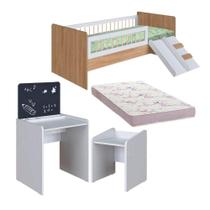 Kit Cama Montessoriana E Colchão Ortobom Com Mesa Com Quadro E Banqueta Infantil Aveiro Oak Branco Spencer Shop Jm