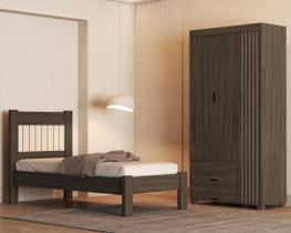 Kit Cama Solteiro estilo ripado Para Quarto MDF Com Guarda Roupa 3 Portas 2 Gavetas Design Classico Moderno Linha Bela