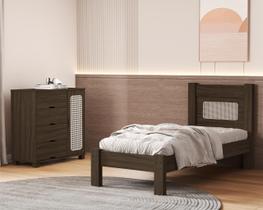 Kit Cama Solteiro Para Quarto MDF Com Cômoda 4 Gavetas Com 1 Porta Sapateira Design Atemporal Moderno Linha Clara com detalhe em Rattan