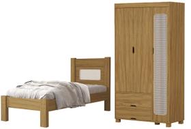 Kit Cama Solteiro Para Quarto MDF Com Guarda Roupa 3 Portas 2 Gavetas Design Atemporal Moderno Linha Clara