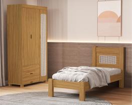 Kit Cama Solteiro Para Quarto MDF Com Guarda Roupa 3 Portas 2 Gavetas Design Atemporal Moderno Linha Clara
