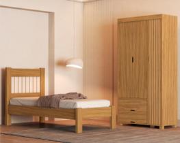 Kit Cama Solteiro Para Quarto MDF Com Guarda Roupa 3 Portas 2 Gavetas Design Classico Moderno Linha Bela
