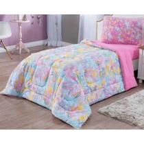 Kit Cama Solteiro Unicórnio - Edredom + Jogo De Lençol Com Elástico 100 Algodão