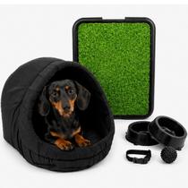 Kit Cama Toca Iglu Médio Pet Sanitário Grama Comedouro Coleira Bolinha
