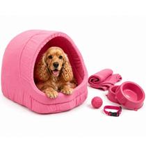Kit Cama Toca Iglu Pet Grande Mantinha Comedouro Coleira Bolinha
