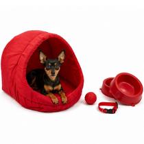 Kit Cama Toca Iglu Pet Médio com Comedouro Coleira Bolinha Fofos