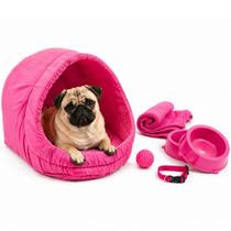 Kit Cama Toca Iglu Pet Médio Mantinha Comedouro Coleira Bolinha