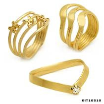 Kit Camélia com 3 Anéis Banhado em Ouro 18 k - KIT10510