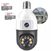 Kit Câmera Segurança Wifi Dupla Lentes Lâmpada + 2 Cartão 64 GB Visão Noturna 360 Ultra Moderna FULL HD1080p