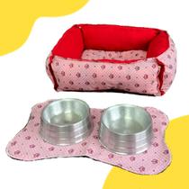 Kit Caminha Coroa Quadrada Fibra Luxo Rosa + Comedouro/Bebedouro Aluminio LD Pet